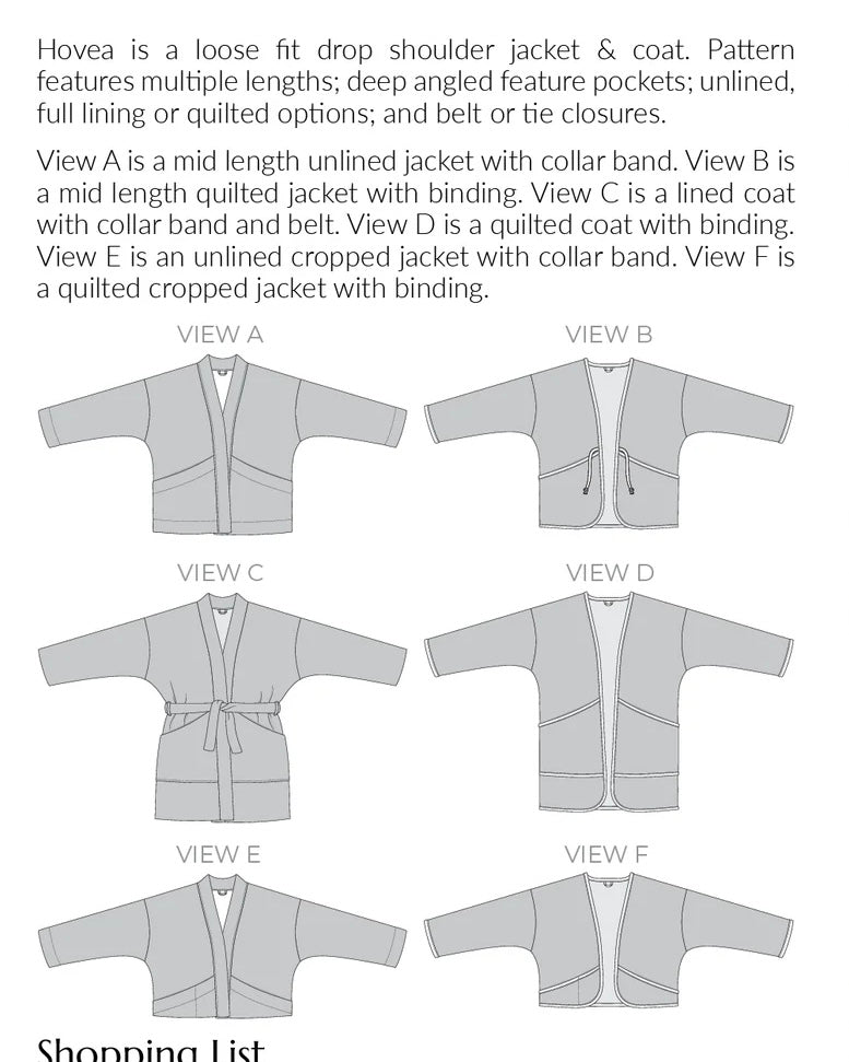 Hovea Jacket & Coat Pattern- Megan Nielsen- Sizes 0-20, 14-34