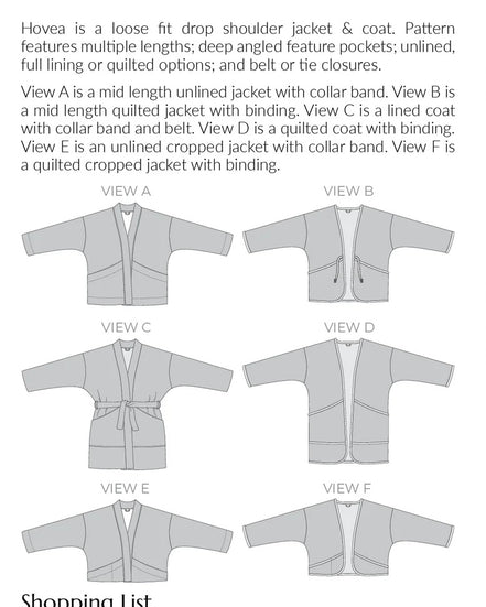 Hovea Jacket & Coat Pattern- Megan Nielsen- Sizes 0-20, 14-34