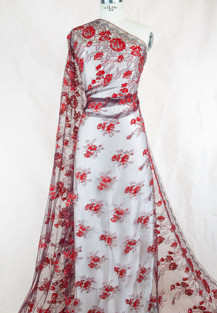 Red Black and Silver European Chantilly Lace- 37" (607)