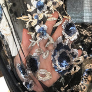 Light Gold Embroidery, Blue, Gold & Black Sequins on Black Tulle- 49