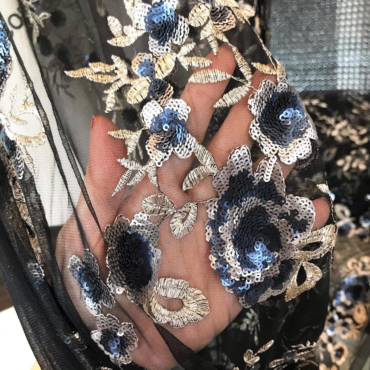 Light Gold Embroidery, Blue, Gold & Black Sequins on Black Tulle- 49