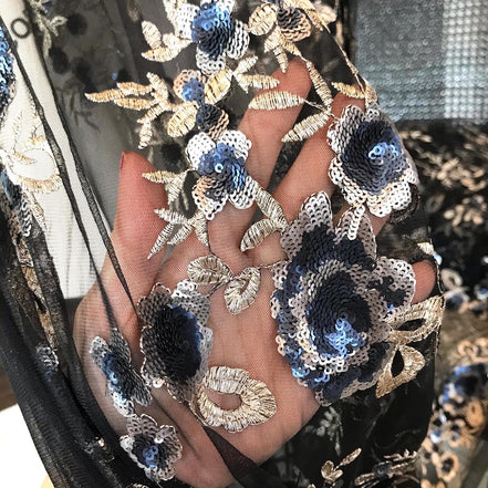 Light Gold Embroidery, Blue, Gold & Black Sequins on Black Tulle- 49" (121)