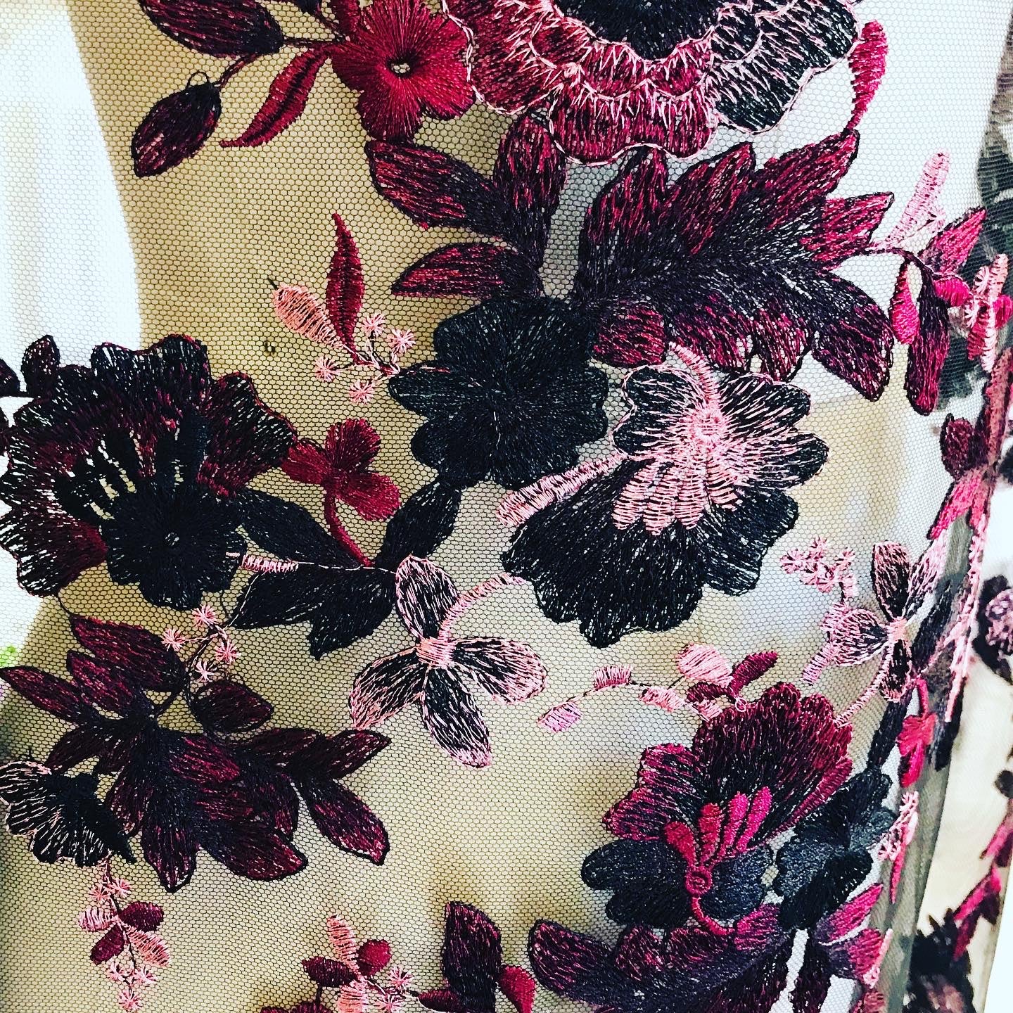 Black, Burgundy Embroidery on Tulle- 52” Wide (108)