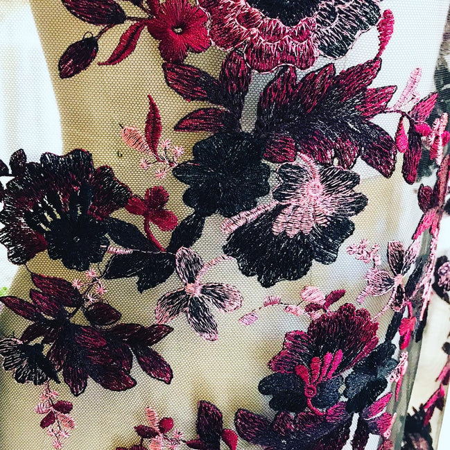 Black, Burgundy Embroidery on Tulle- 52” Wide (108)