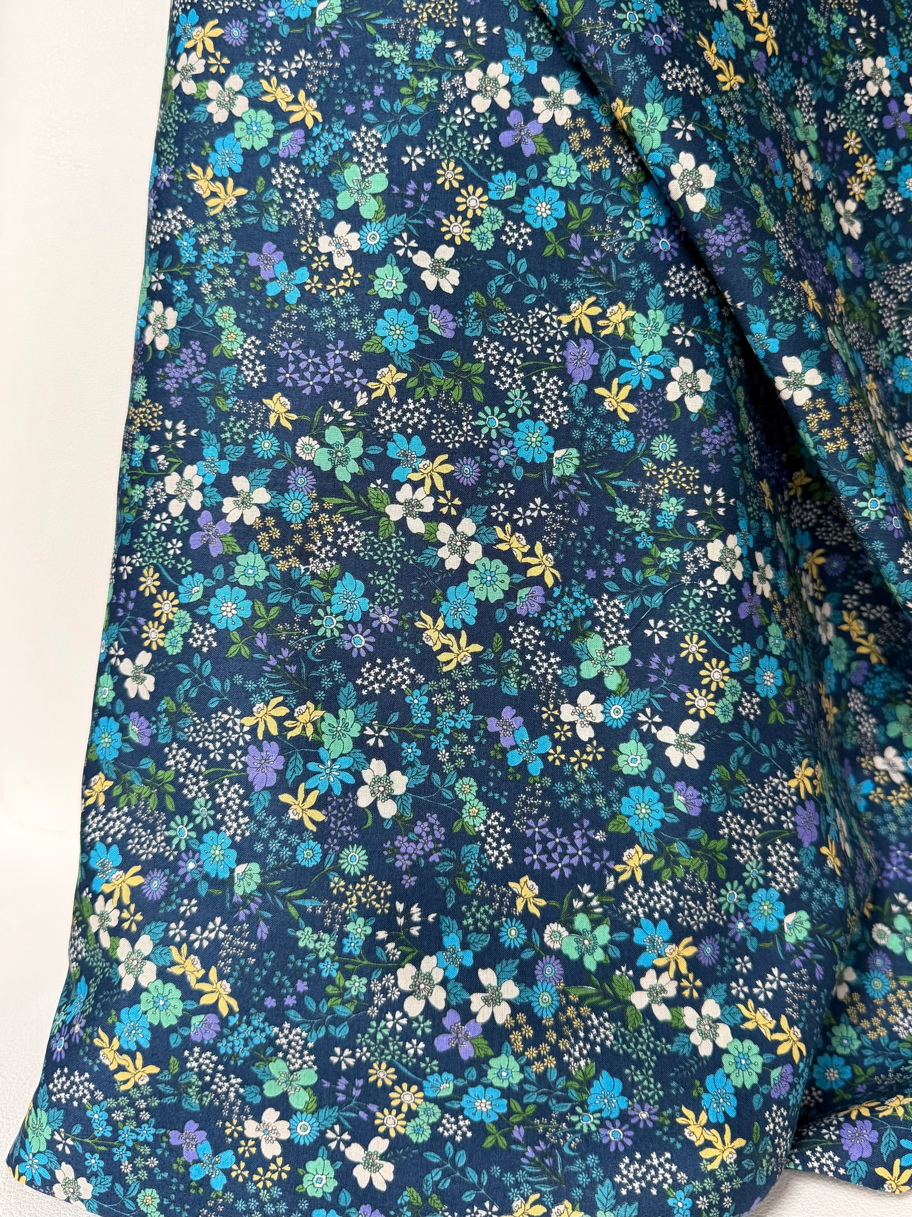 Blue, Green, Purple on Navy- Cotton Lawn- 42” Wide- Floral Print- Kokka