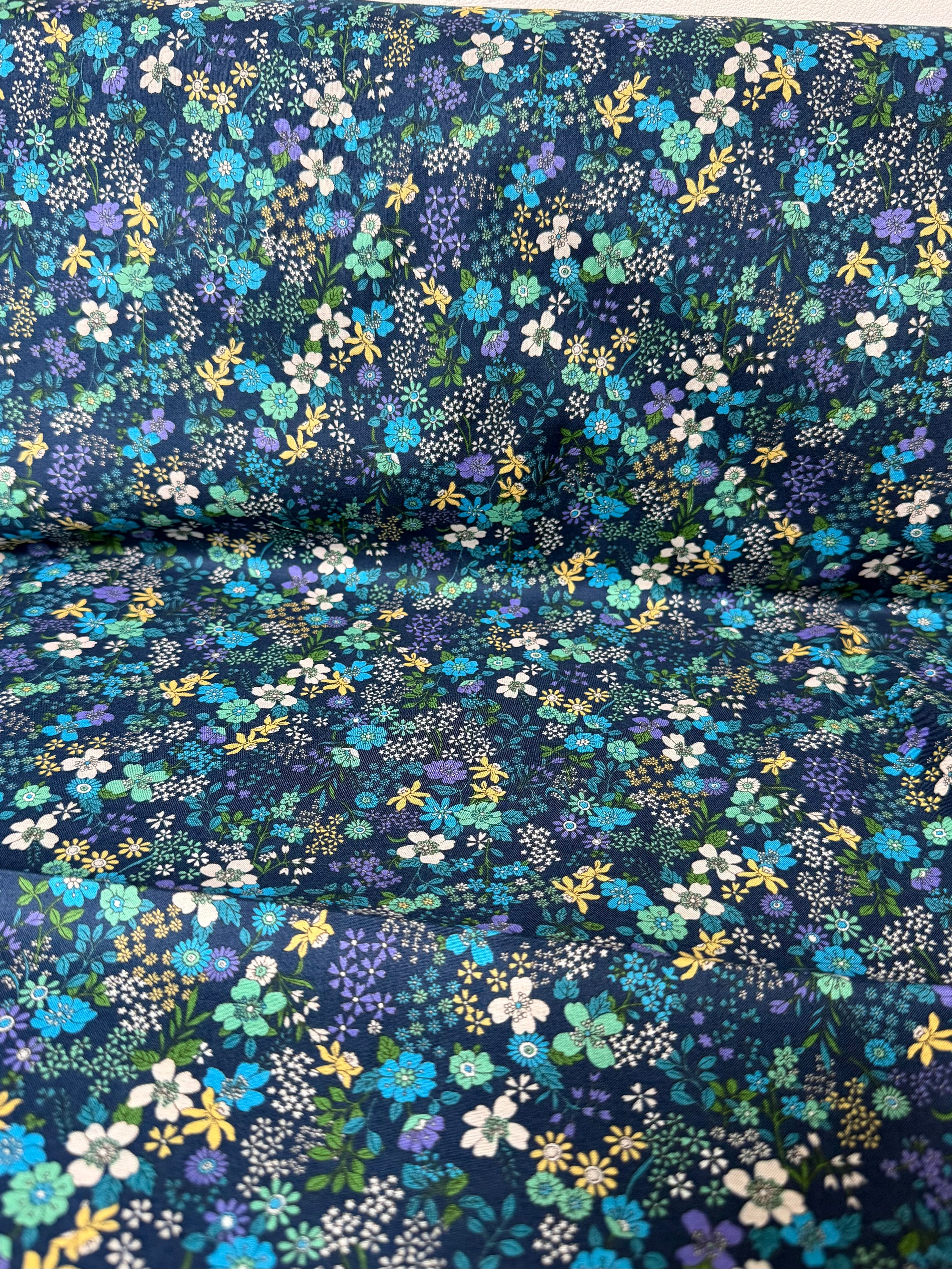 Blue, Green, Purple on Navy- Cotton Lawn- 42” Wide- Floral Print- Kokka