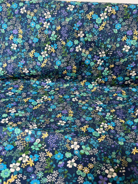 Blue, Green, Purple on Navy- Cotton Lawn- 42” Wide- Floral Print- Kokka