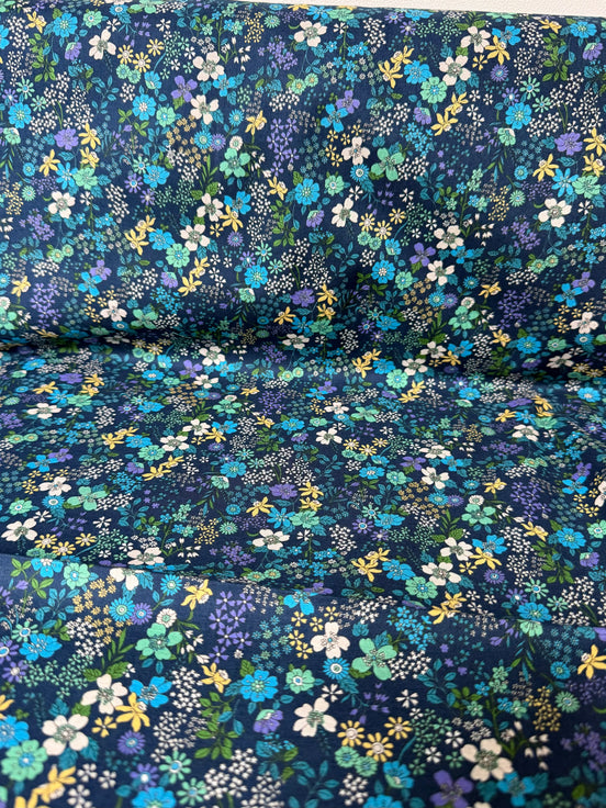 Blue, Green, Purple on Navy- Cotton Lawn- 42” Wide- Floral Print- Kokka