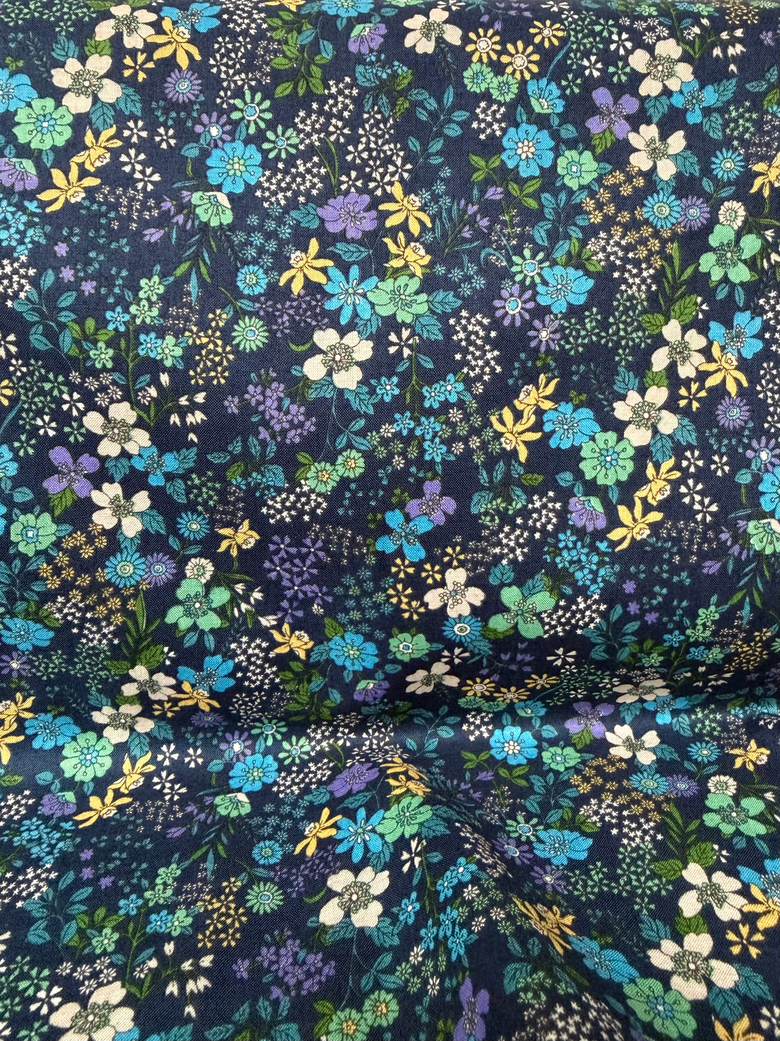 Blue, Green, Purple on Navy- Cotton Lawn- 42” Wide- Floral Print- Kokka
