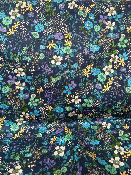 Blue, Green, Purple on Navy- Cotton Lawn- 42” Wide- Floral Print- Kokka