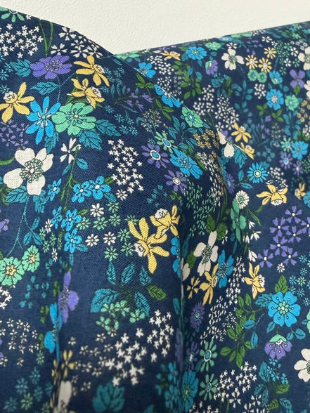 Blue, Green, Purple on Navy- Cotton Lawn- 42” Wide- Floral Print- Kokka