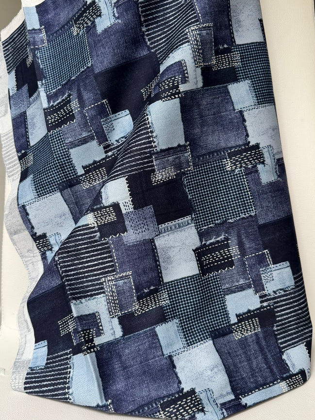 "Sashiko Denim - Patchwork"- Cotton Twill- 43"- Kokka