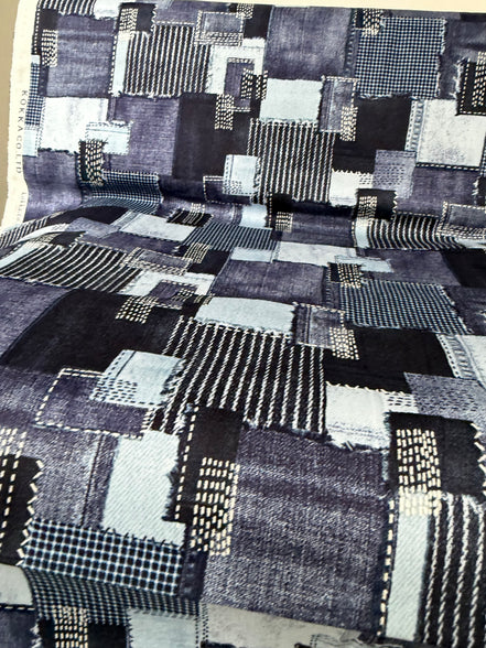 "Sashiko Denim - Patchwork"- Cotton Twill- 43"- Kokka