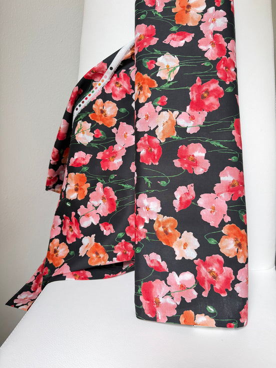 Flownny 100% Cotton Fabric - Lawn- Red, Orange, Pink Floral on Black- 43" Nasturtium