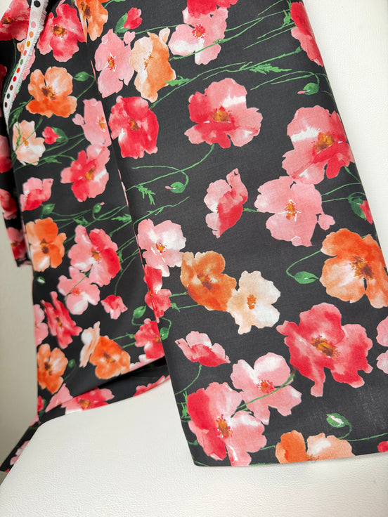 Flownny 100% Cotton Fabric - Lawn- Red, Orange, Pink Floral on Black- 43" Nasturtium