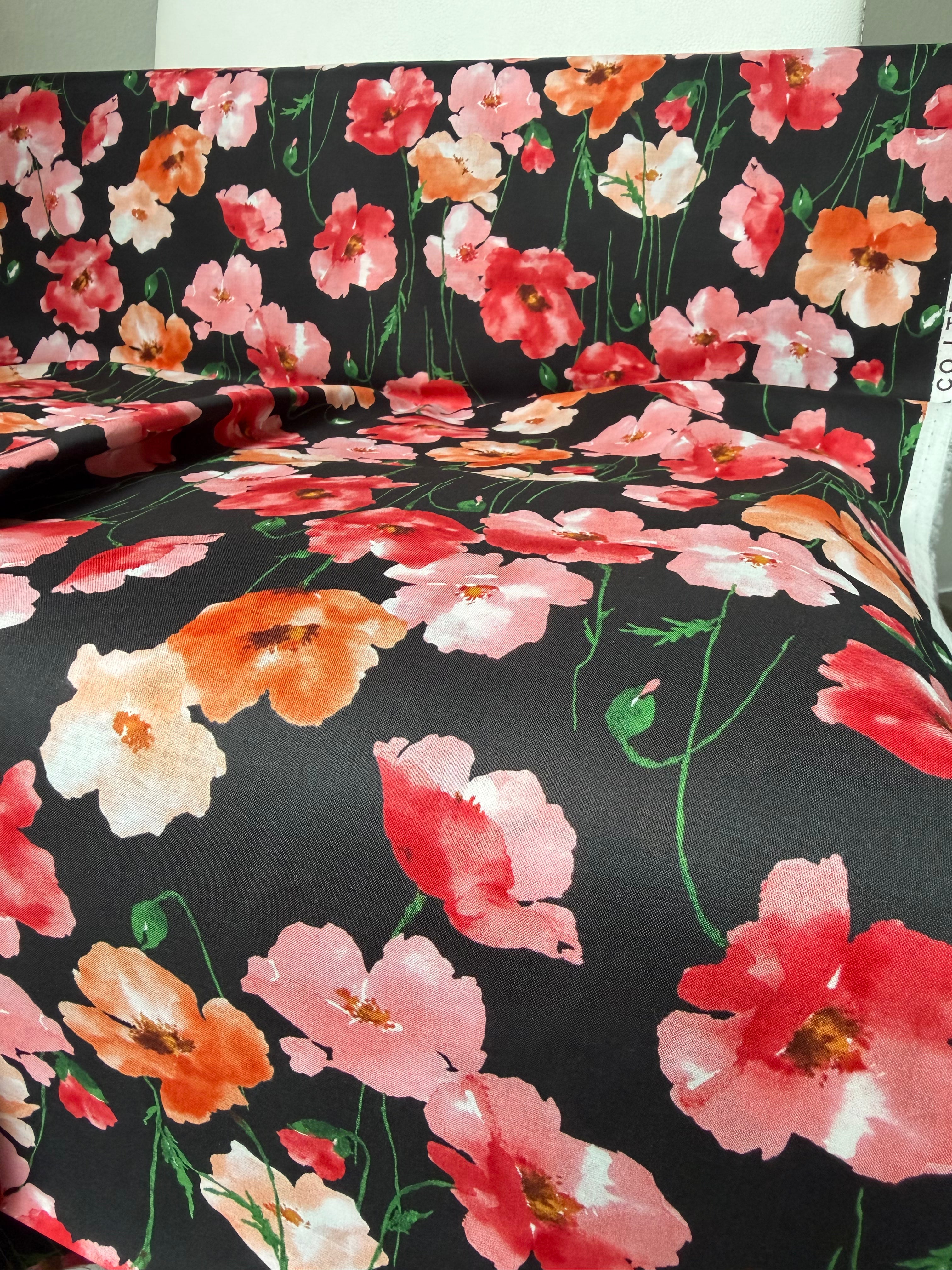 Flownny 100% Cotton Fabric - Lawn- Red, Orange, Pink Floral on Black- 43