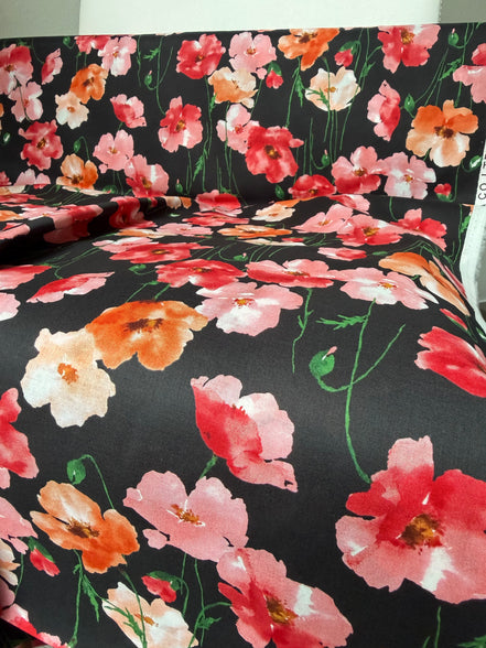 Flownny 100% Cotton Fabric - Lawn- Red, Orange, Pink Floral on Black- 43" Nasturtium
