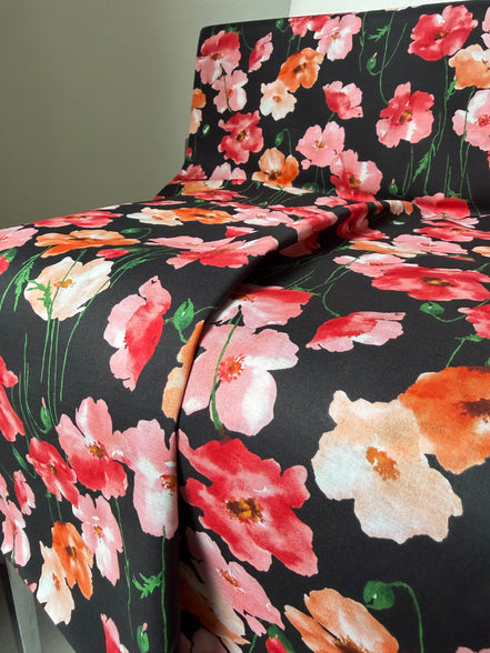 Flownny 100% Cotton Fabric - Lawn- Red, Orange, Pink Floral on Black- 43" Nasturtium