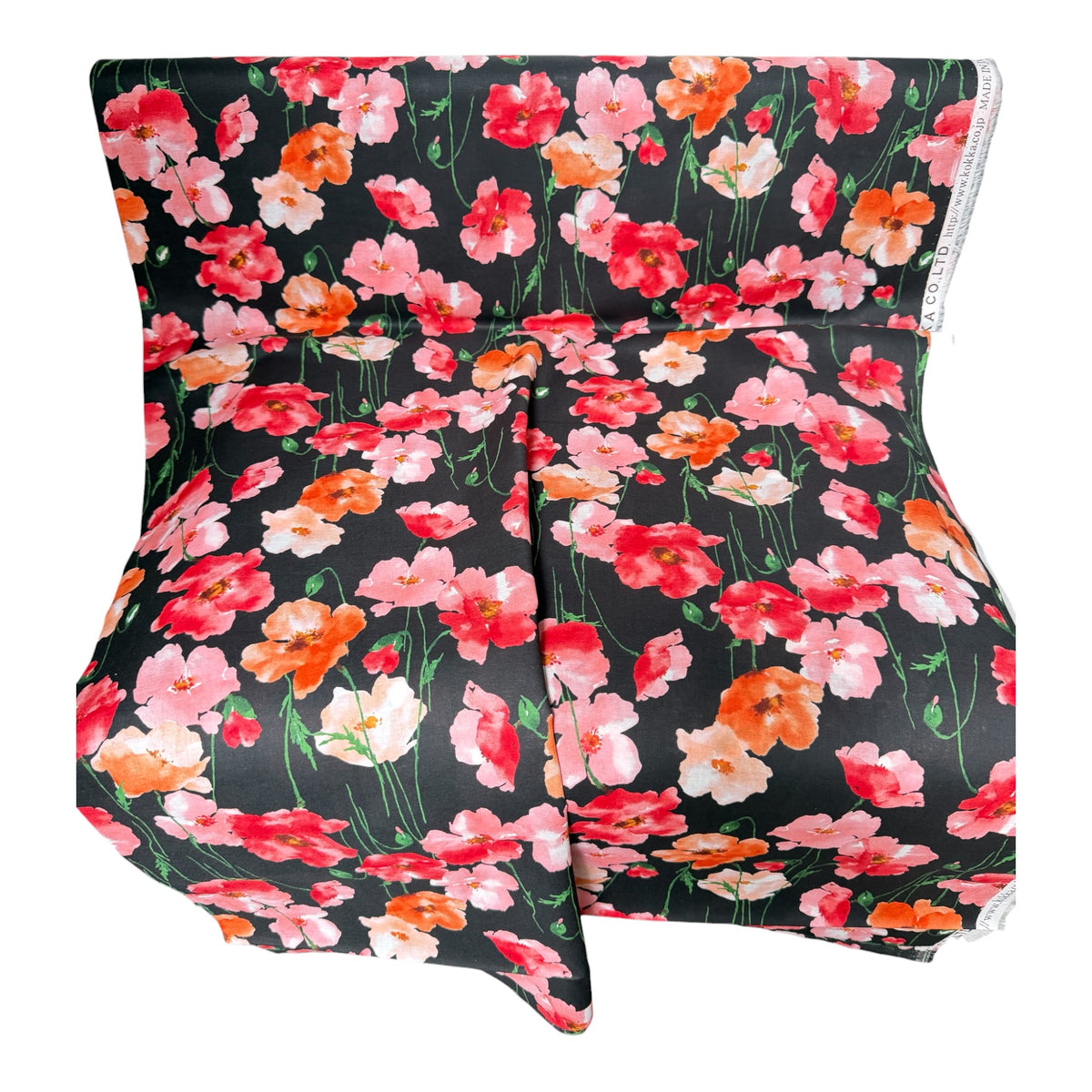 Flownny 100% Cotton Fabric - Lawn- Red, Orange, Pink Floral on Black- 43