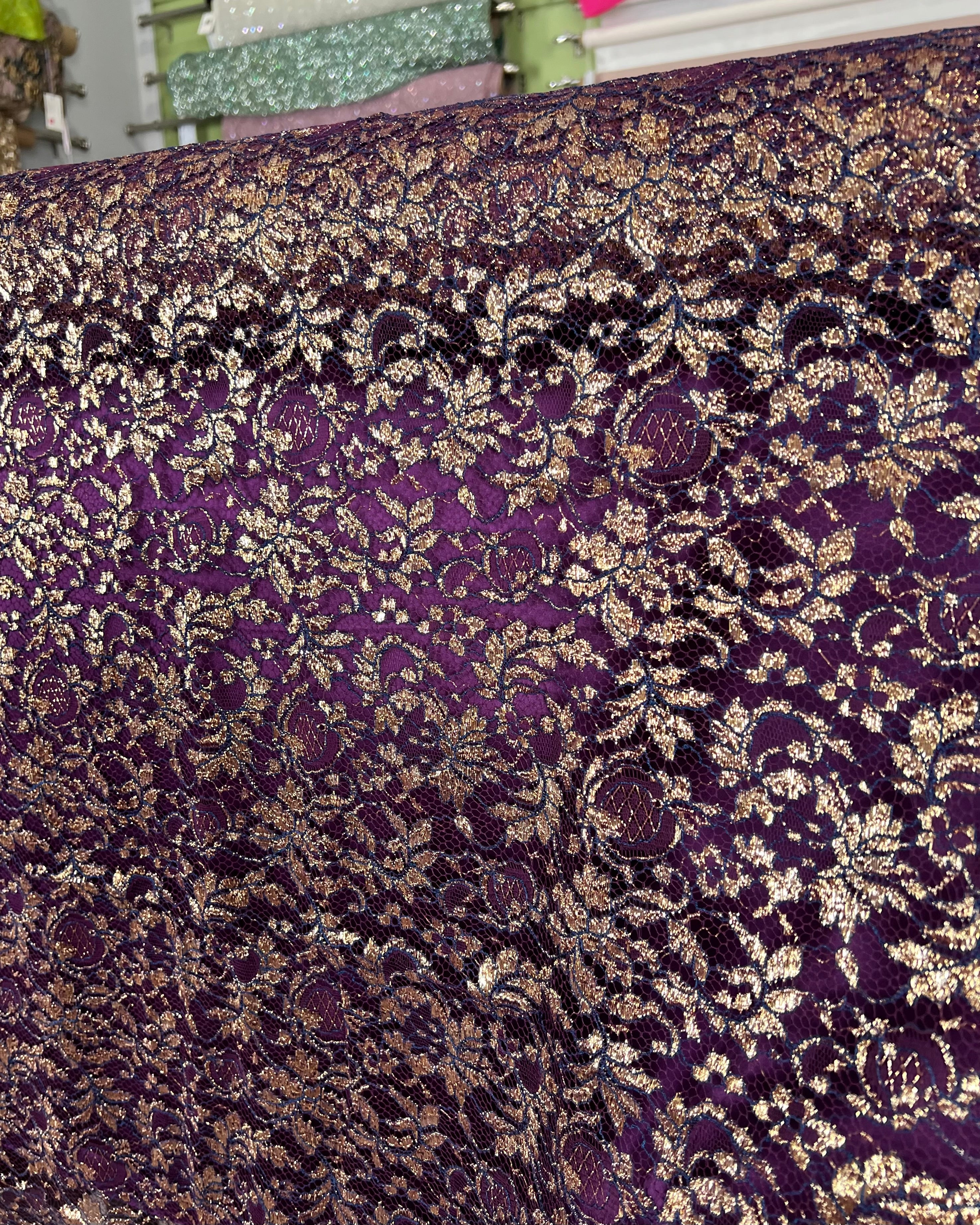 Gold on Eggplant French Chantilly Lace- 37