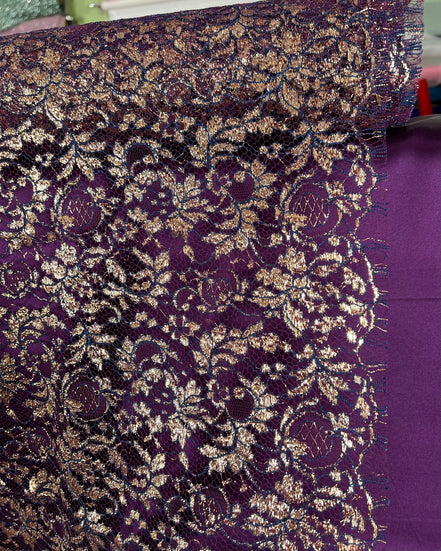 Gold on Eggplant French Chantilly Lace- 37" (612)