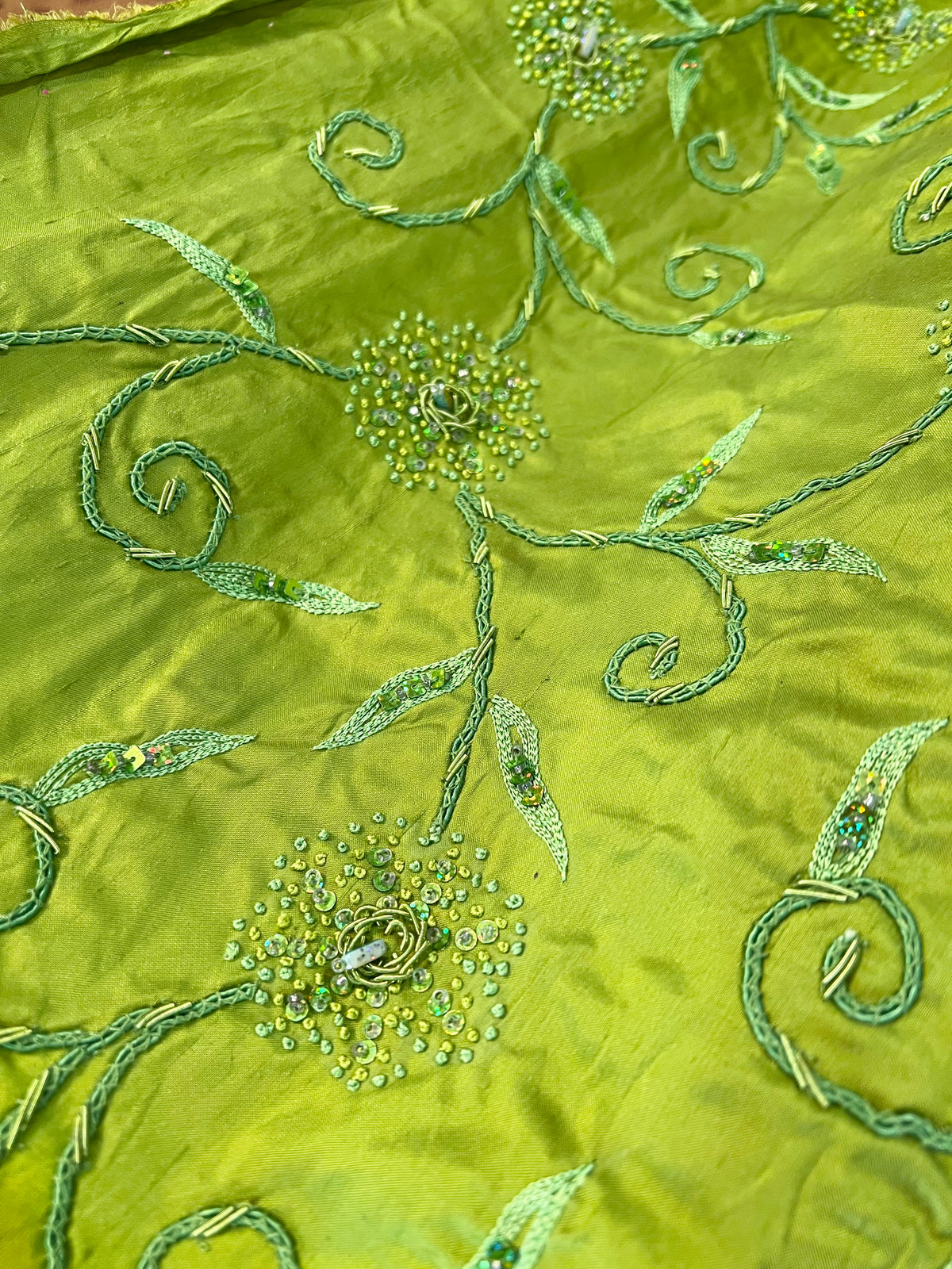 Sequin, Beaded, and Embroidery on Apple Green Silk (215)