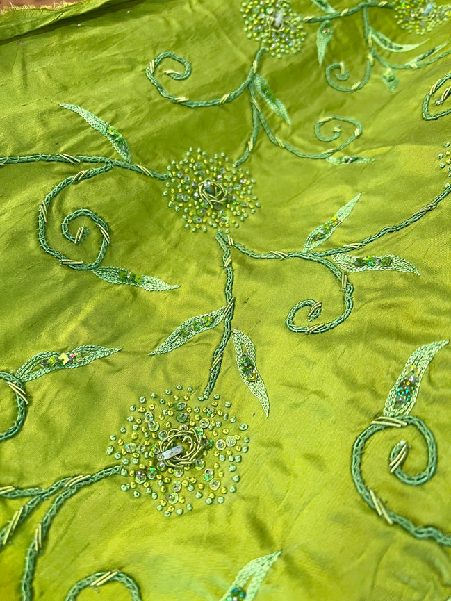 Sequin, Beaded, and Embroidery on Apple Green Silk (215)