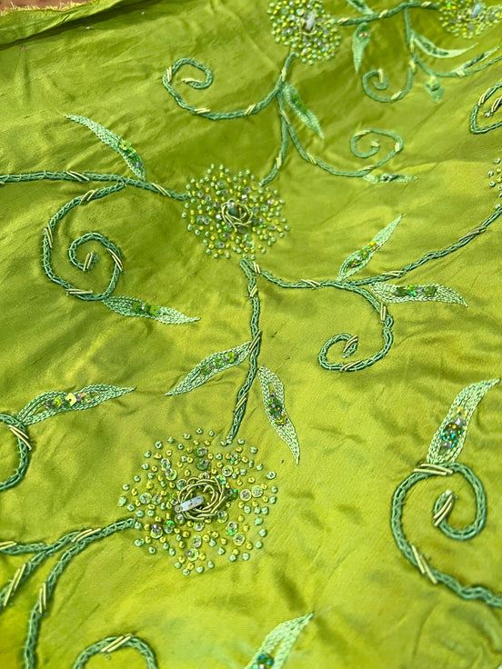 Sequin, Beaded, and Embroidery on Apple Green Silk (215)