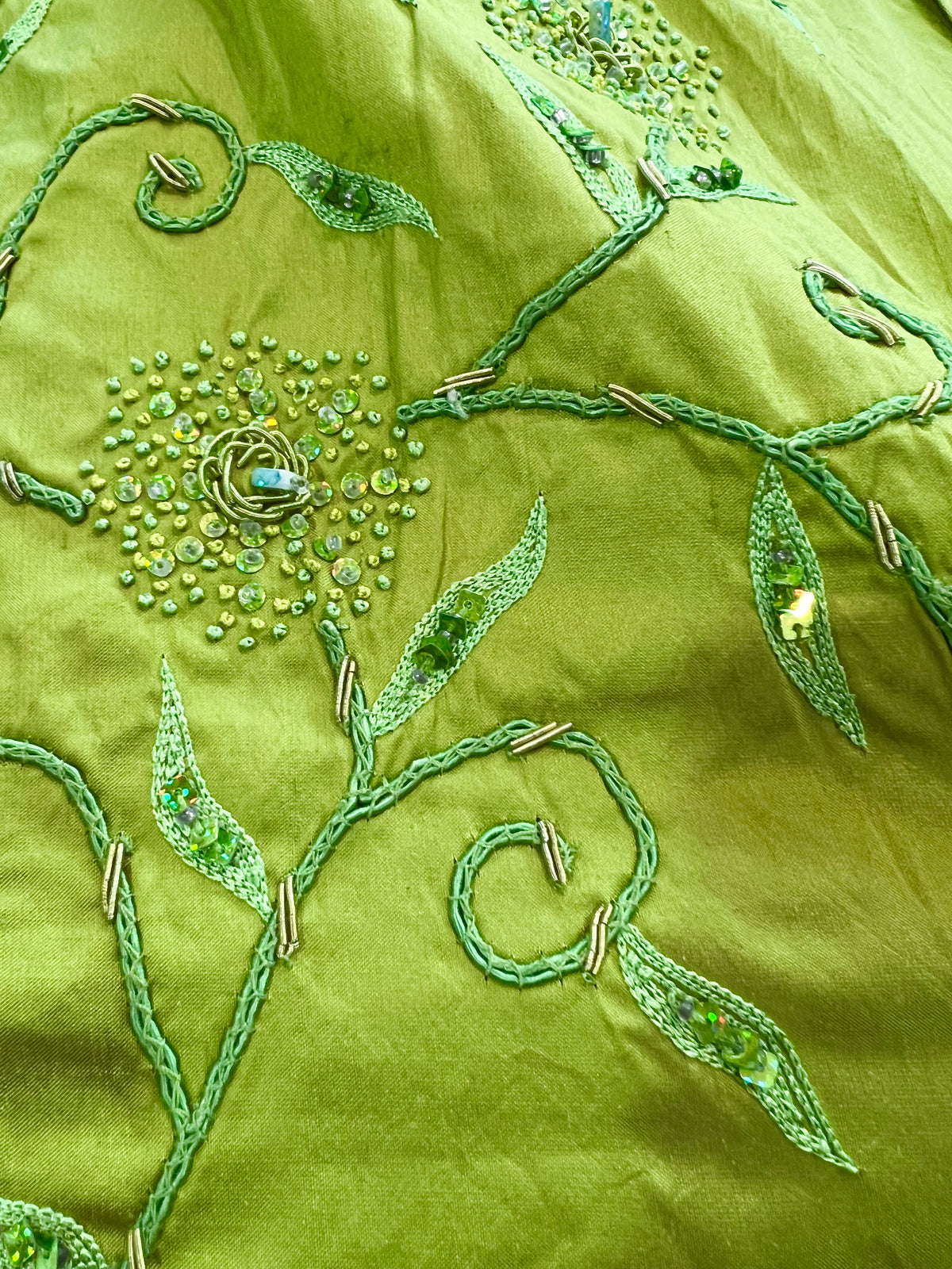 Sequin, Beaded, and Embroidery on Apple Green Silk (215)