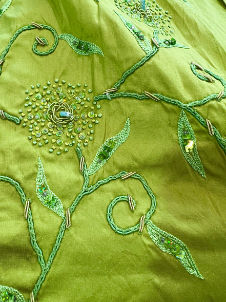 Sequin, Beaded, and Embroidery on Apple Green Silk (215)