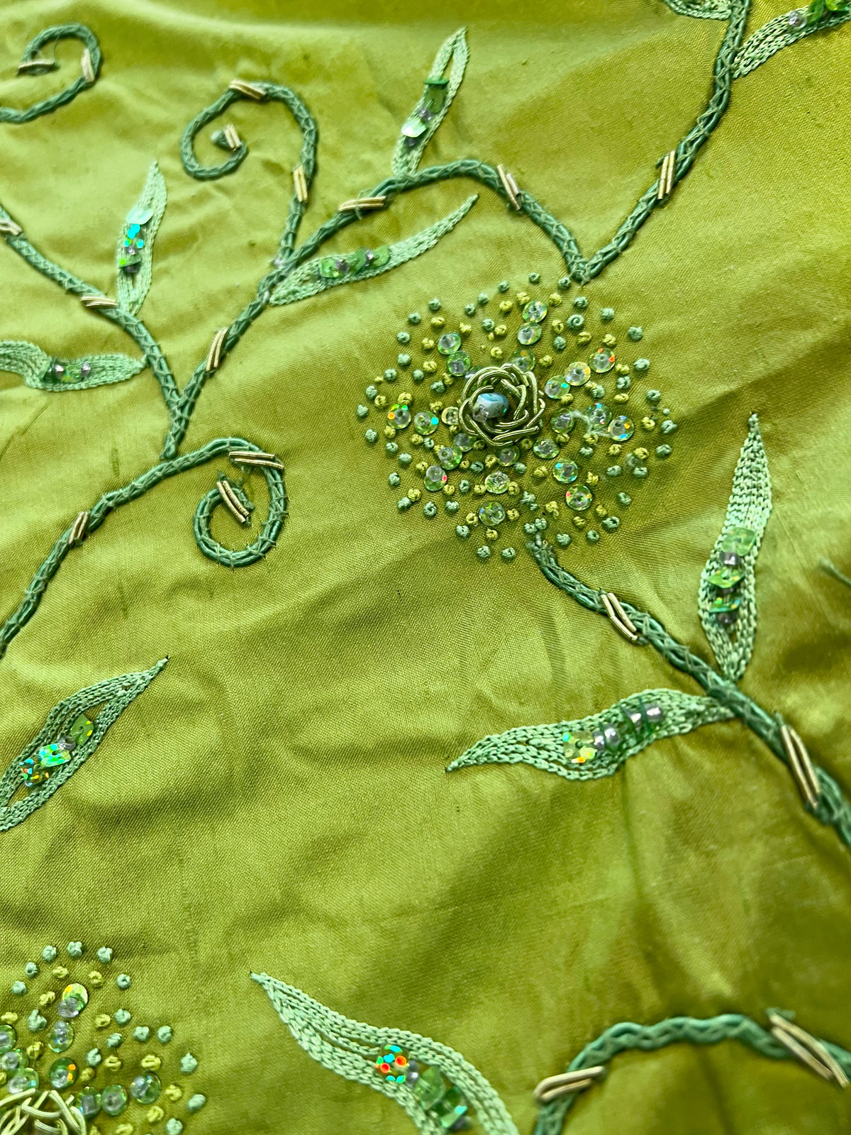 Sequin, Beaded, and Embroidery on Apple Green Silk (215)