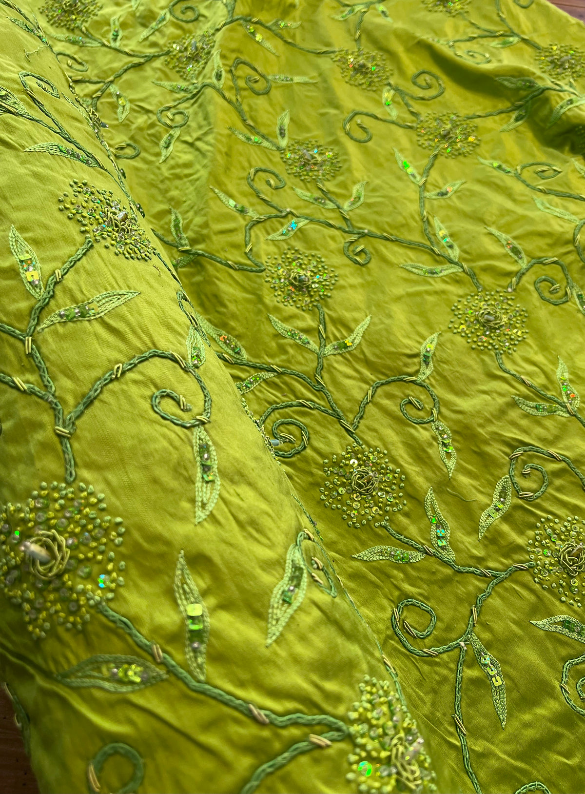 Sequin, Beaded, and Embroidery on Apple Green Silk (215)
