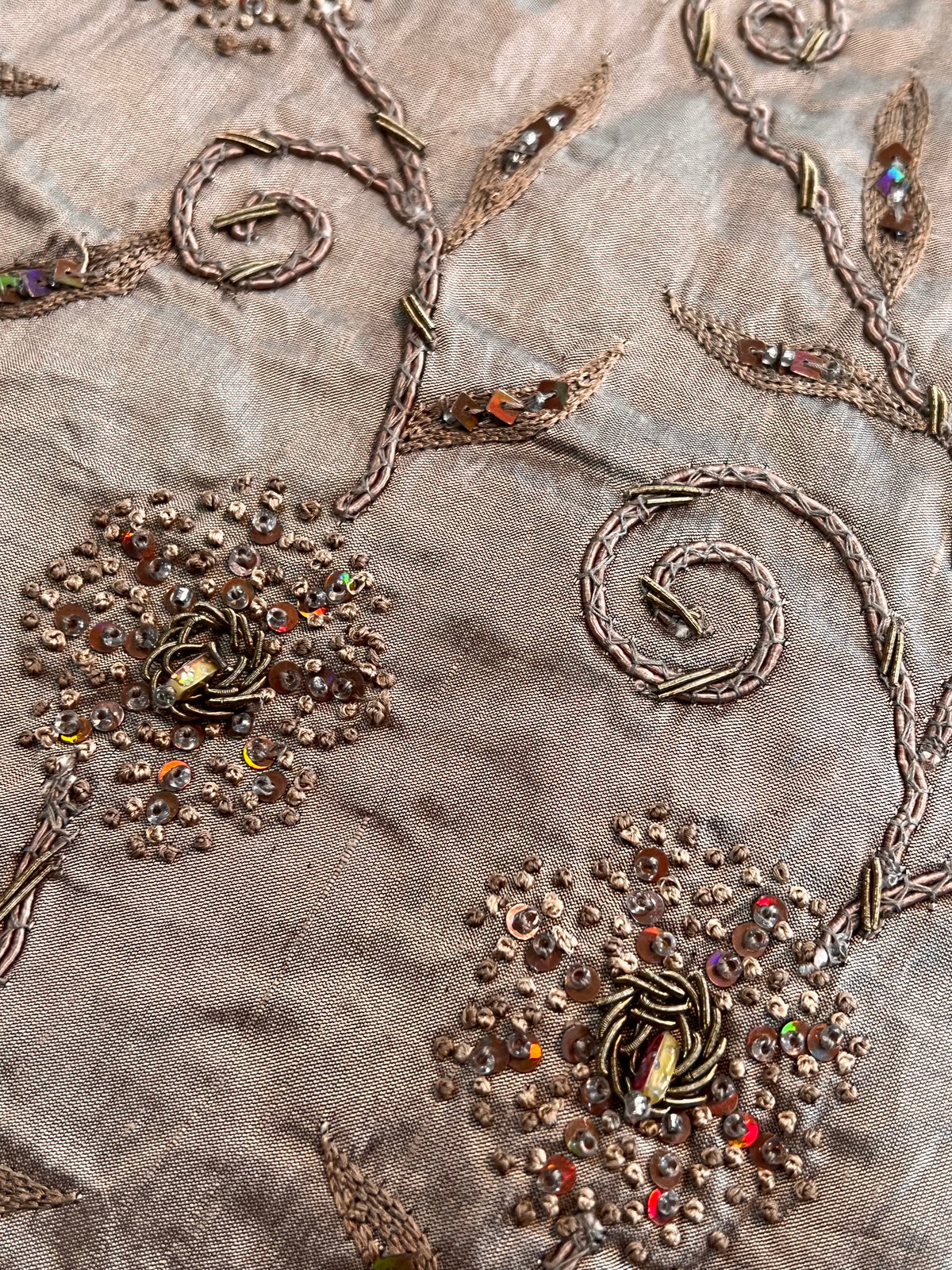 Sequin, Beaded, and Embroidery on Mocha Silk- 53