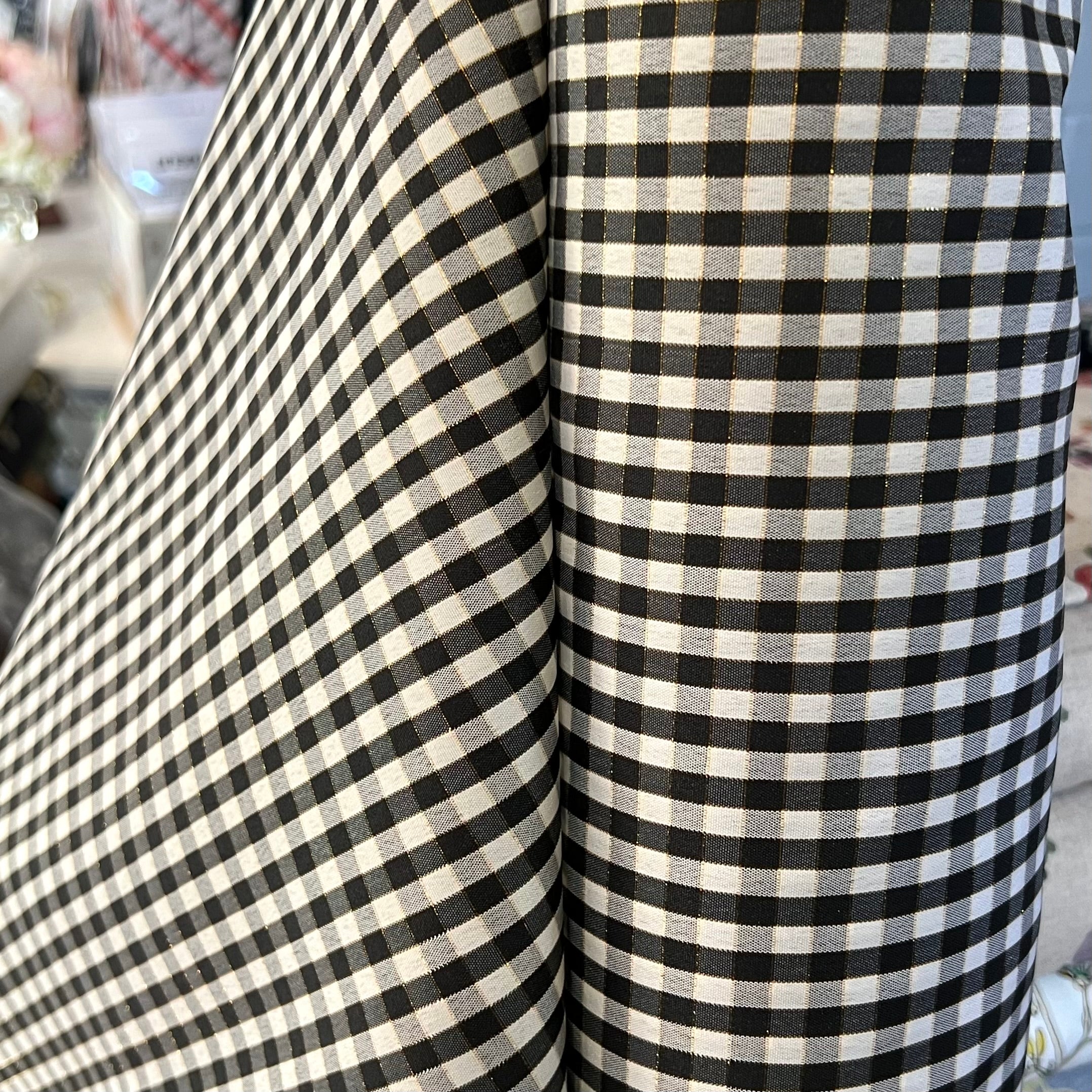 Black, White, Gold- Gingham Taffeta- 57” Wide- Acetate- 3/16” Squares