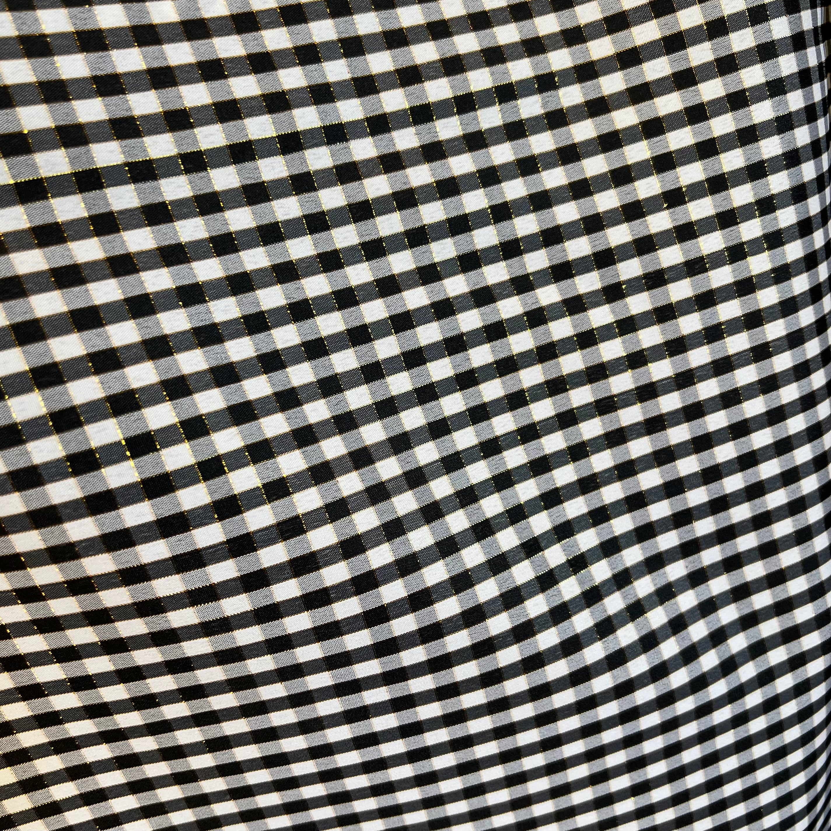 Black, White, Gold- Gingham Taffeta- 57” Wide- Acetate- 3/16” Squares