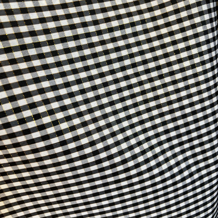 Black, White, Gold- Gingham Taffeta- 57” Wide- Acetate- 3/16” Squares