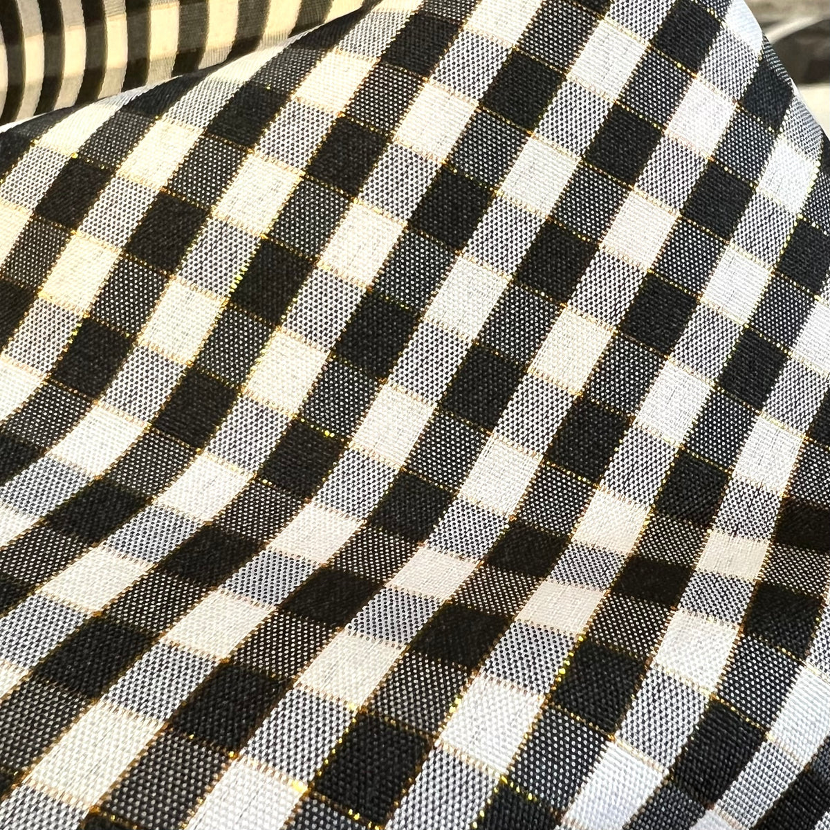 Black, White, Gold- Gingham Taffeta- 57” Wide- Acetate- 3/16” Squares
