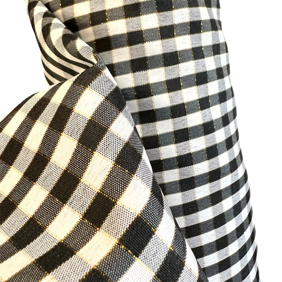 Black, White, Gold- Gingham Taffeta- 57” Wide- Acetate- 3/16” Squares