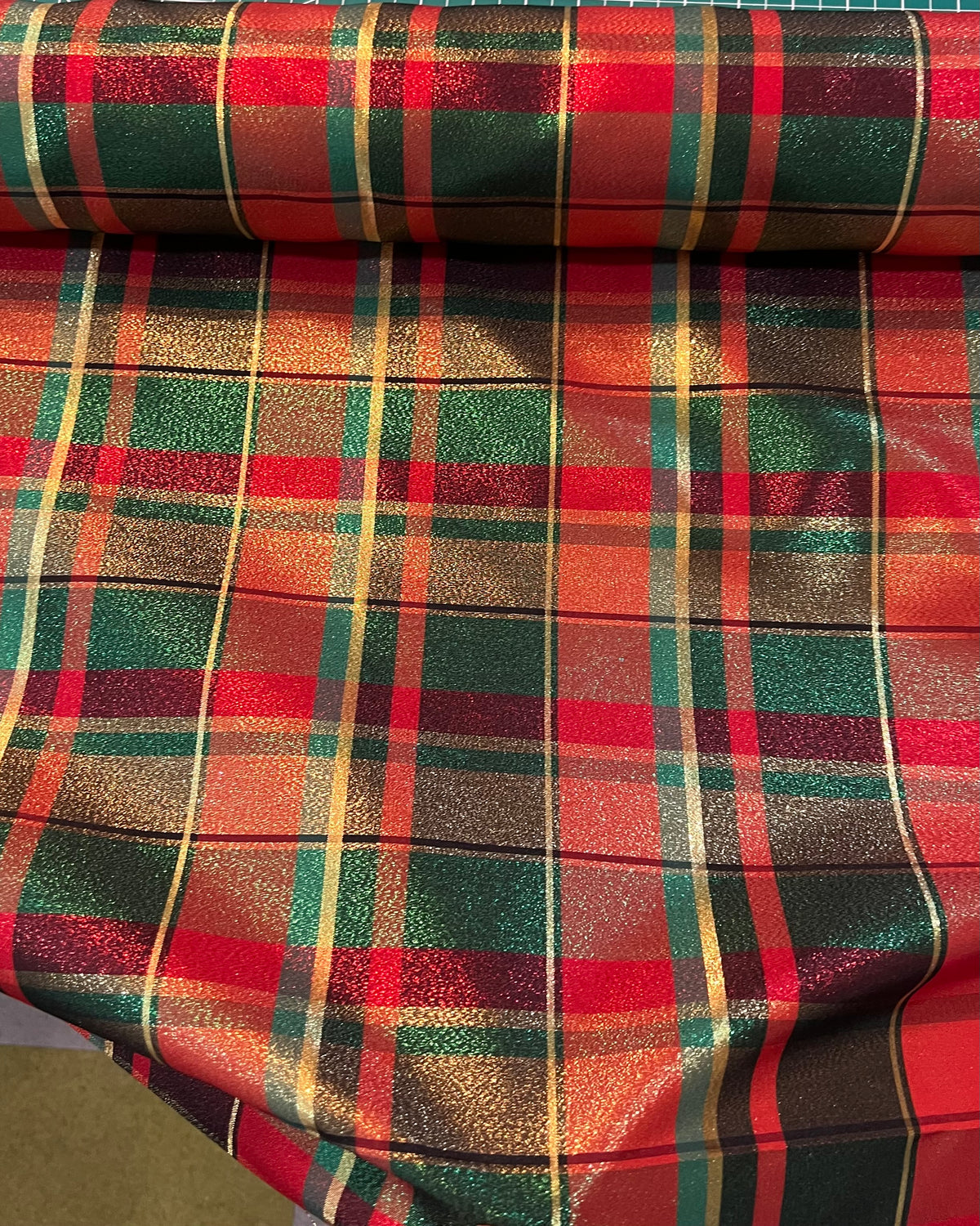 Red, Green, Gold- Plaid Taffeta- 57” Wide- Acetate- “Marie