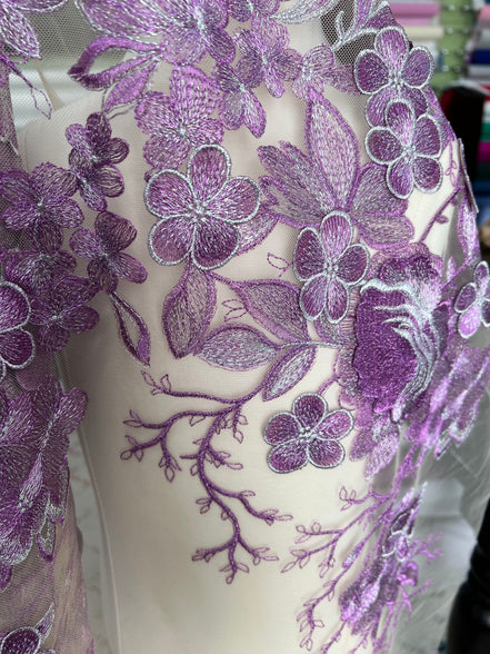 1706 Purple, Silver Embroidered Tulle