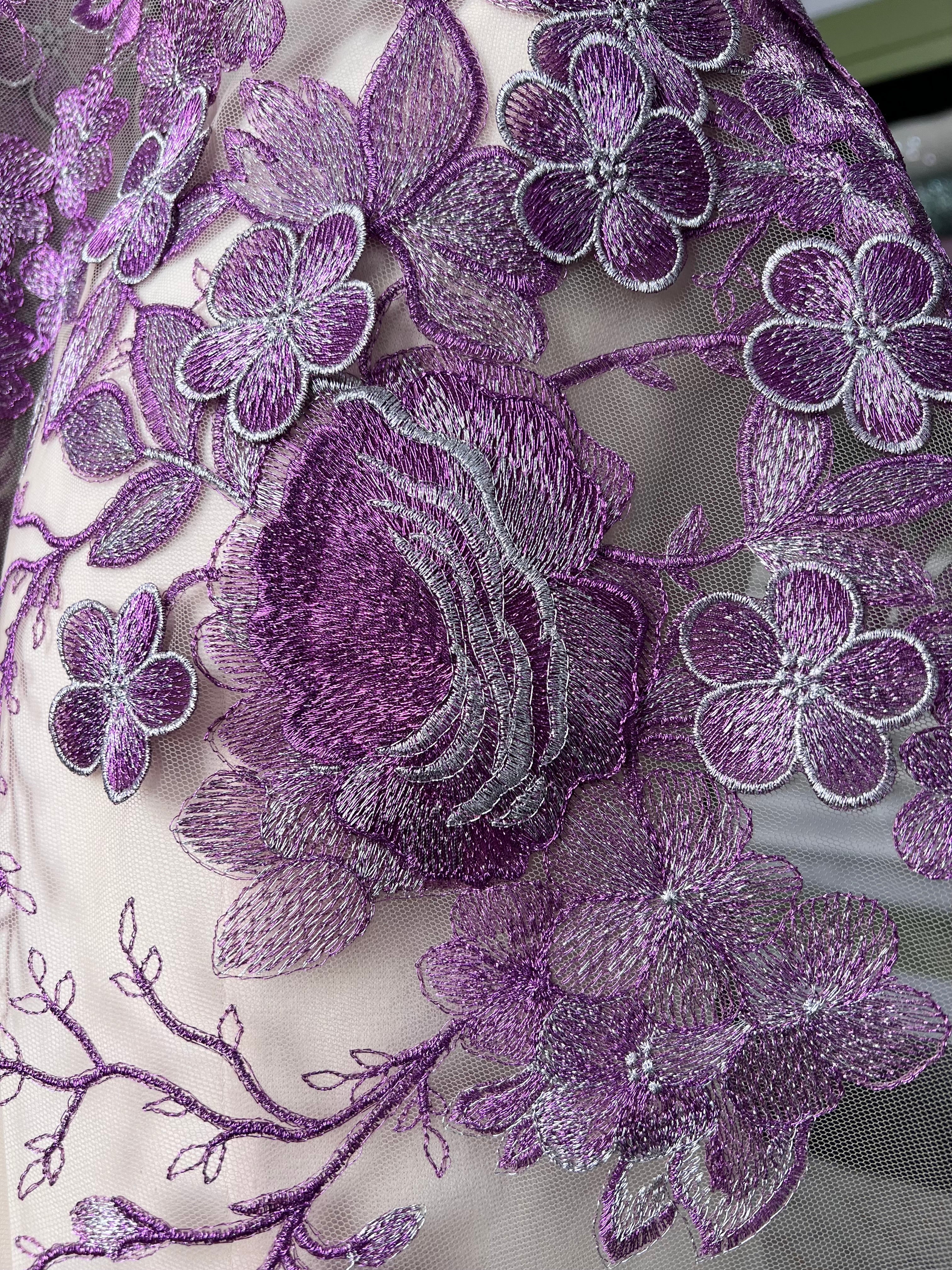 1706 Purple, Silver Embroidered Tulle