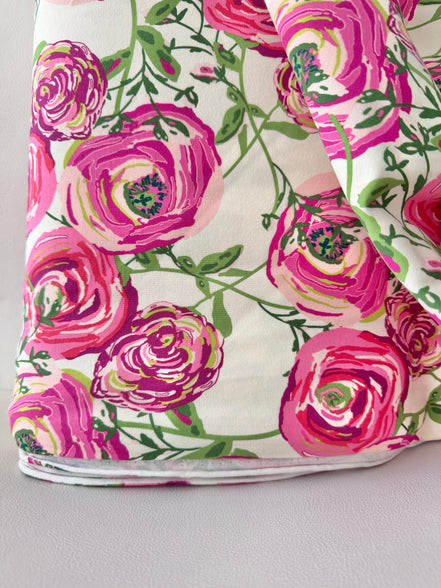 Fuchsia, Pink, Magenta, Green on Cream Jersey Knit Cotton Fabric- “Paradis Sweet”- BIG Florals