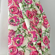 Fuchsia, Pink, Magenta, Green on Cream Jersey Knit Cotton Fabric- “Paradis Sweet”- BIG Florals