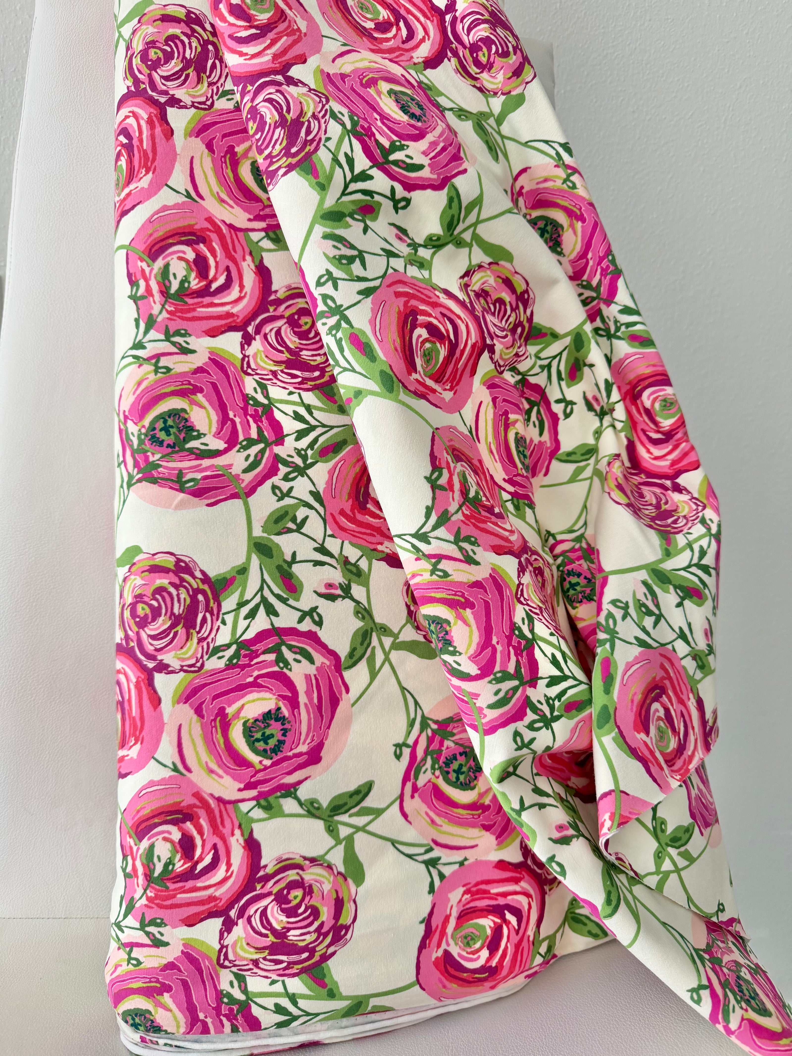 Fuchsia, Pink, Magenta, Green on Cream Jersey Knit Cotton Fabric- “Paradis Sweet”- BIG Florals
