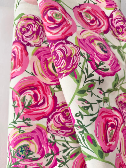 Fuchsia, Pink, Magenta, Green on Cream Jersey Knit Cotton Fabric- “Paradis Sweet”- BIG Florals