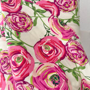 Fuchsia, Pink, Magenta, Green on Cream Jersey Knit Cotton Fabric- “Paradis Sweet”- BIG Florals