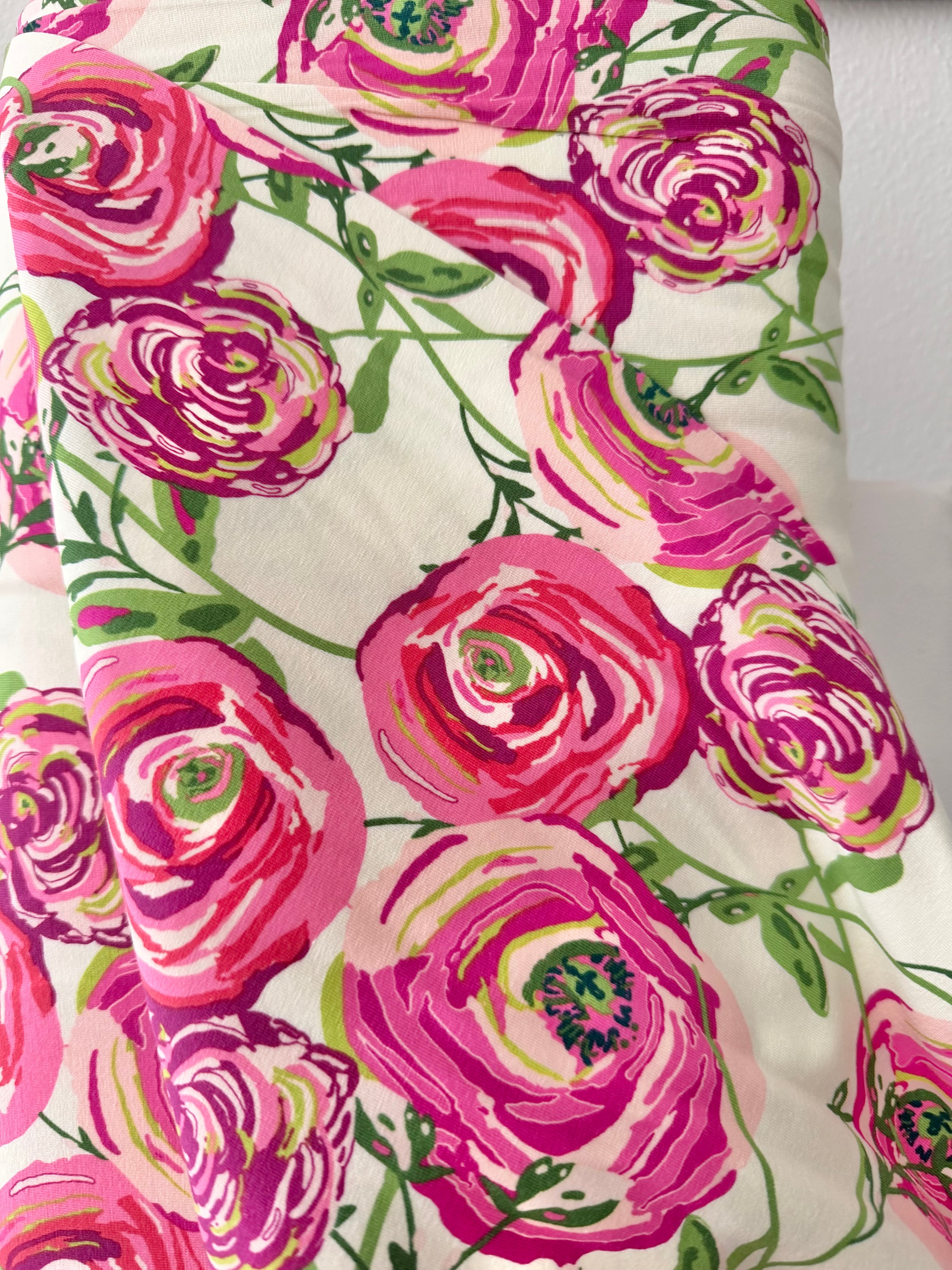 Fuchsia, Pink, Magenta, Green on Cream Jersey Knit Cotton Fabric- “Paradis Sweet”- BIG Florals