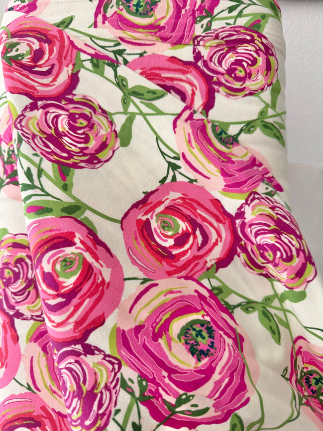 Fuchsia, Pink, Magenta, Green on Cream Jersey Knit Cotton Fabric- “Paradis Sweet”- BIG Florals