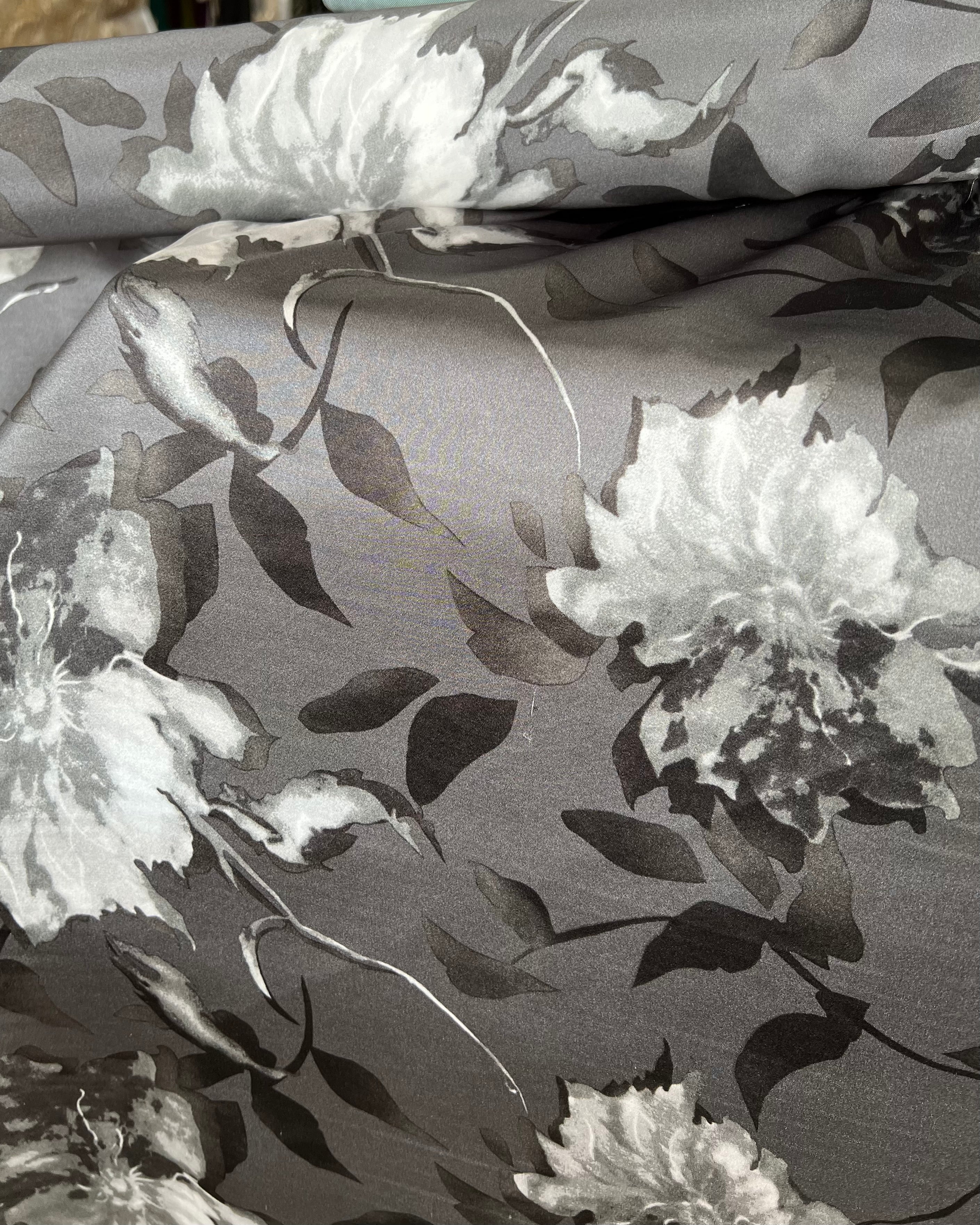 Black, White on Dark Gray Floral Pure Silk Charmeuse- 45” Wide- 16MM (361)