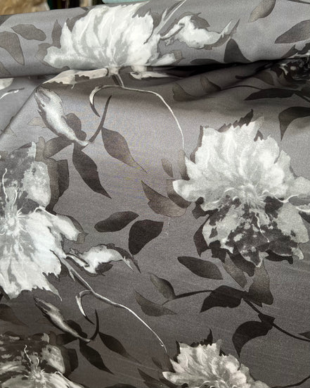 Black, White on Dark Gray Floral Pure Silk Charmeuse- 45” Wide- 16MM (361)